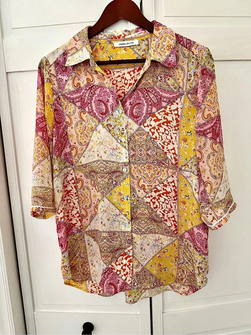 Rose + Olive Paisley Patchwork Button Down in Pink & Orange